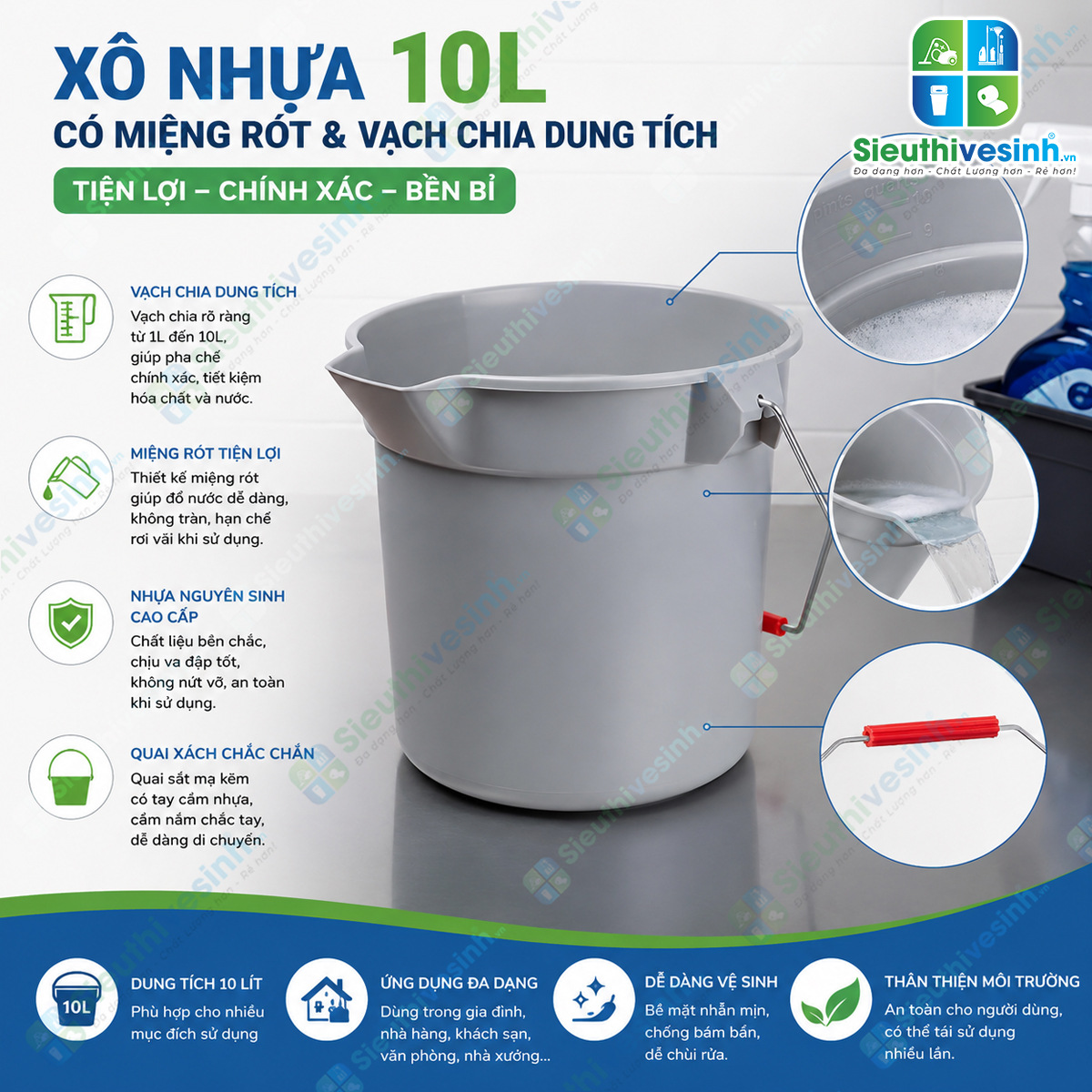 Xô nhựa 10L có miệng rót và vạch chia dung tích giúp pha hóa chất, đựng nước và vệ sinh hiệu quả. Sản phẩm giao ngẫu nhiên mẫu tay cầm màu đỏ hoặc màu đen tùy từng lô hàng.