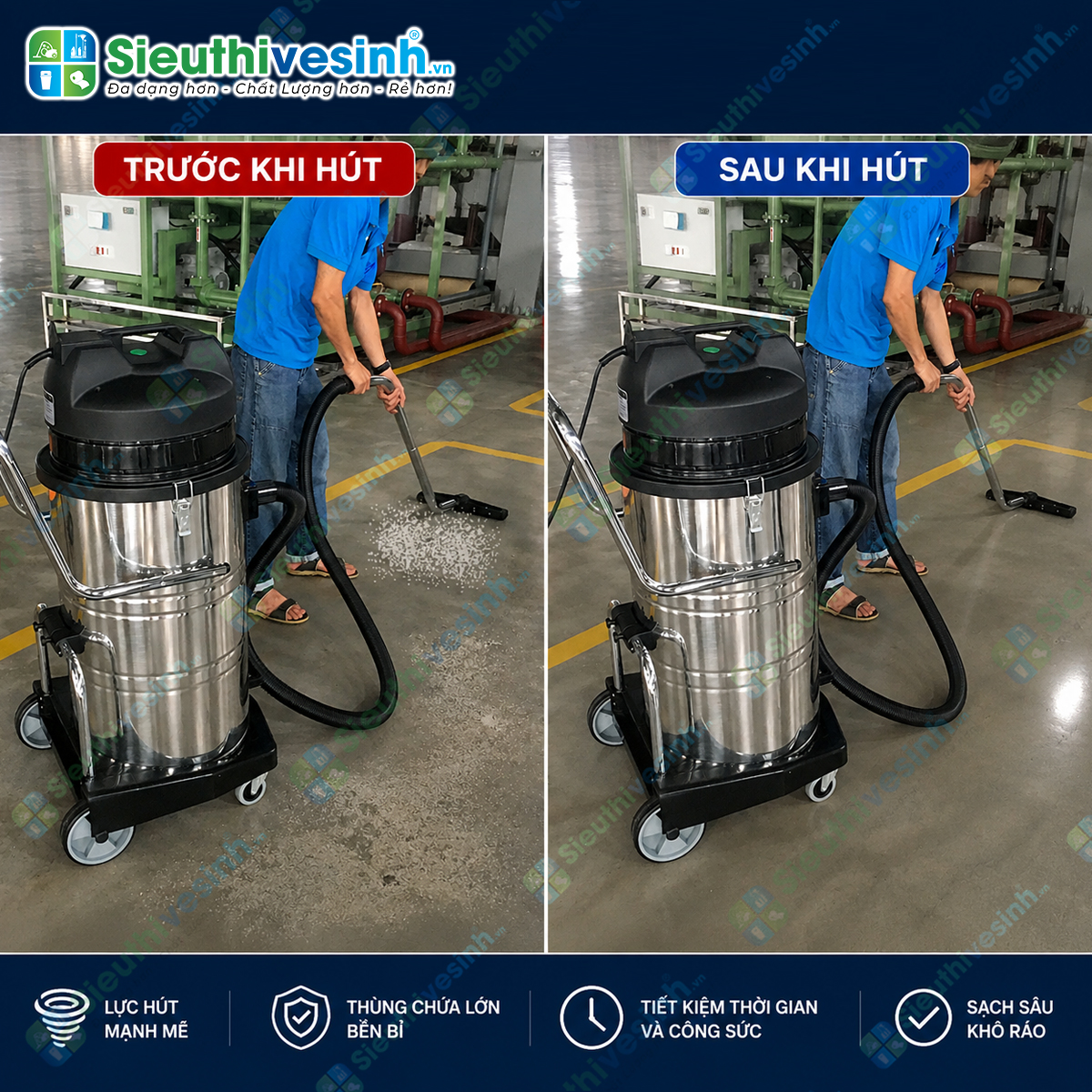 Máy hút bụi công nghiệp CLEPRO S3/80 (3 Motor) sở hữu lực hút mạnh, thùng chứa inox 80L và hệ thống lọc bụi hai tầng, phù hợp cho vệ sinh công nghiệp.
