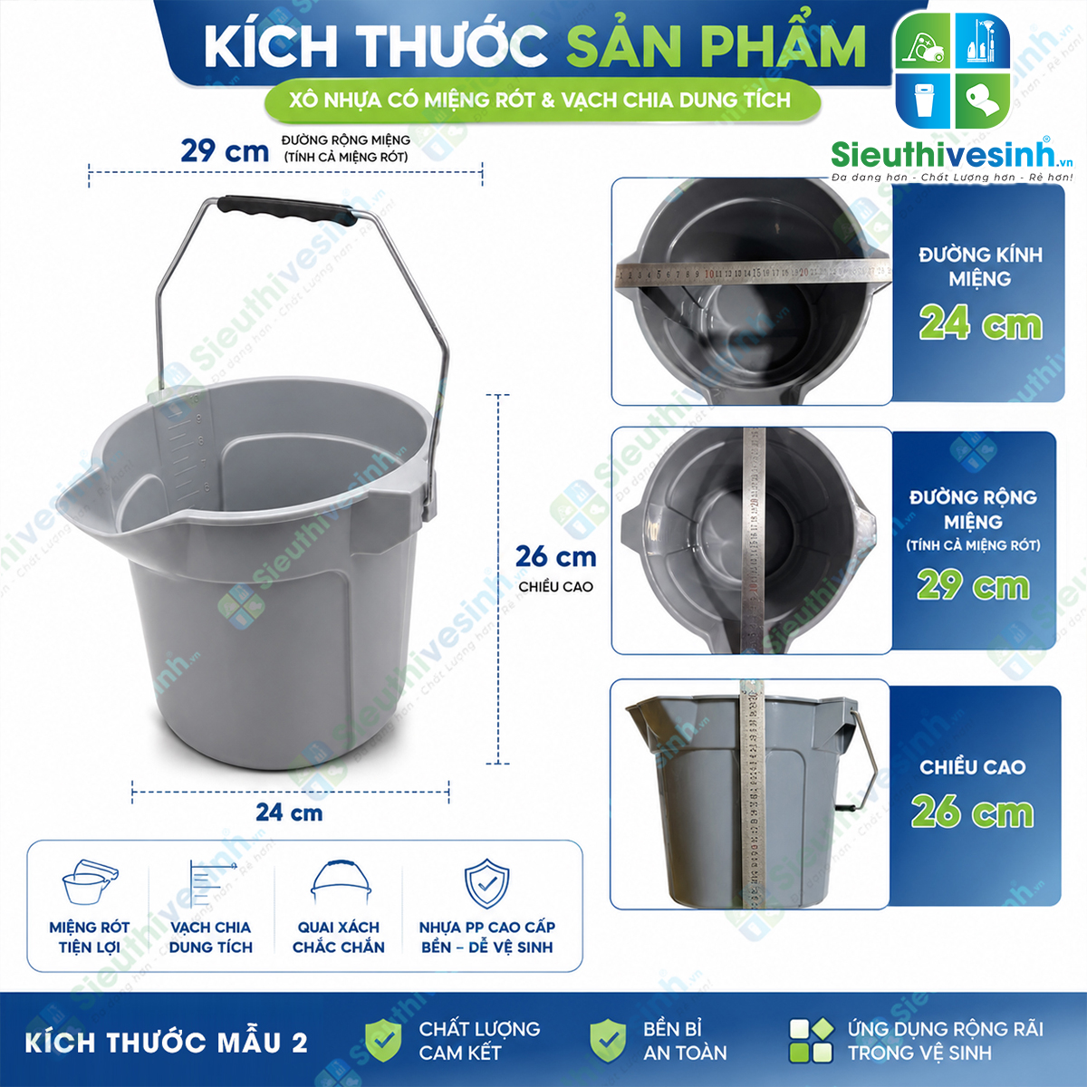 Xô nhựa 10L có miệng rót và vạch chia dung tích giúp pha hóa chất, đựng nước và vệ sinh hiệu quả. Sản phẩm giao ngẫu nhiên mẫu tay cầm màu đỏ hoặc màu đen tùy từng lô hàng.