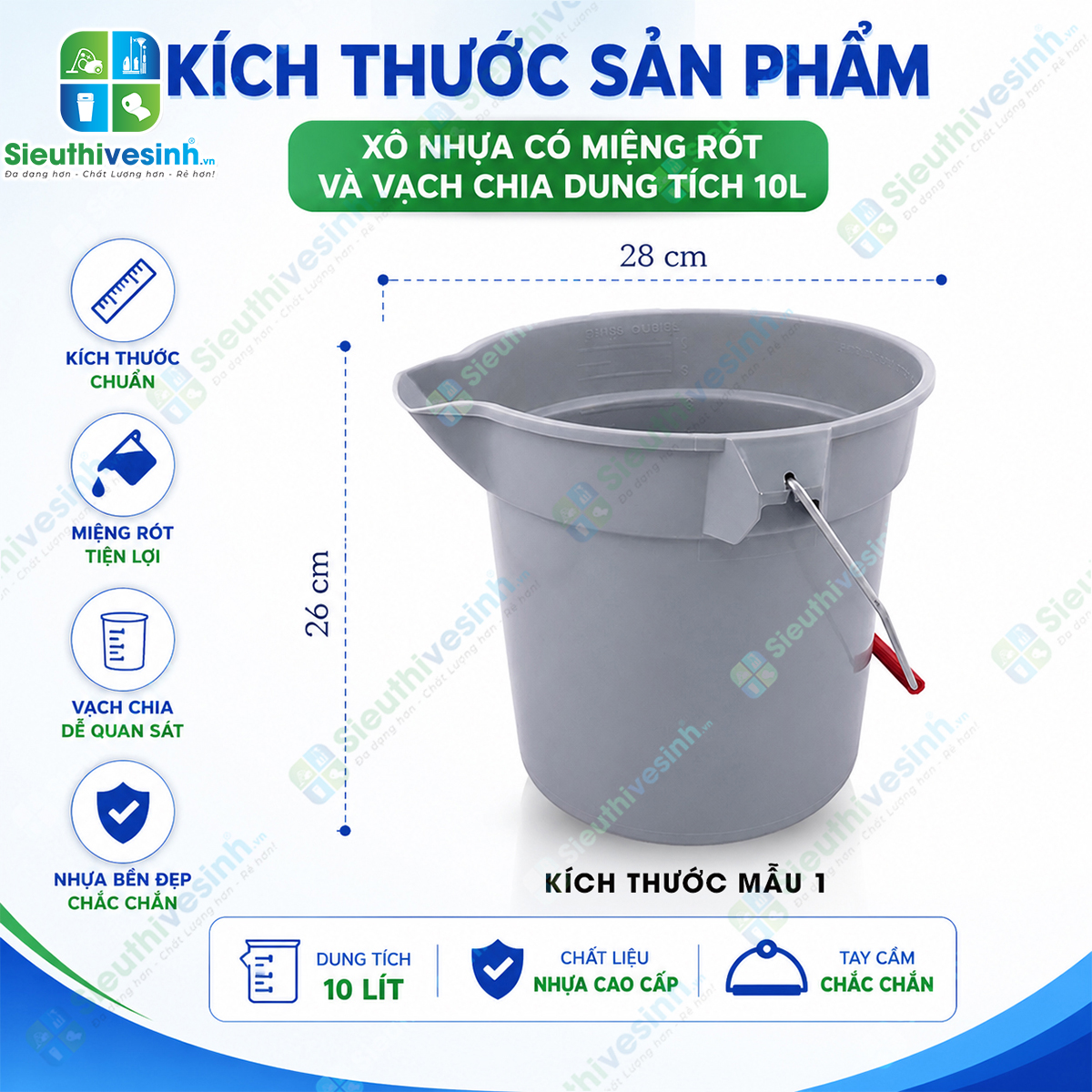 Xô nhựa 10L có miệng rót và vạch chia dung tích giúp pha hóa chất, đựng nước và vệ sinh hiệu quả. Sản phẩm giao ngẫu nhiên mẫu tay cầm màu đỏ hoặc màu đen tùy từng lô hàng.