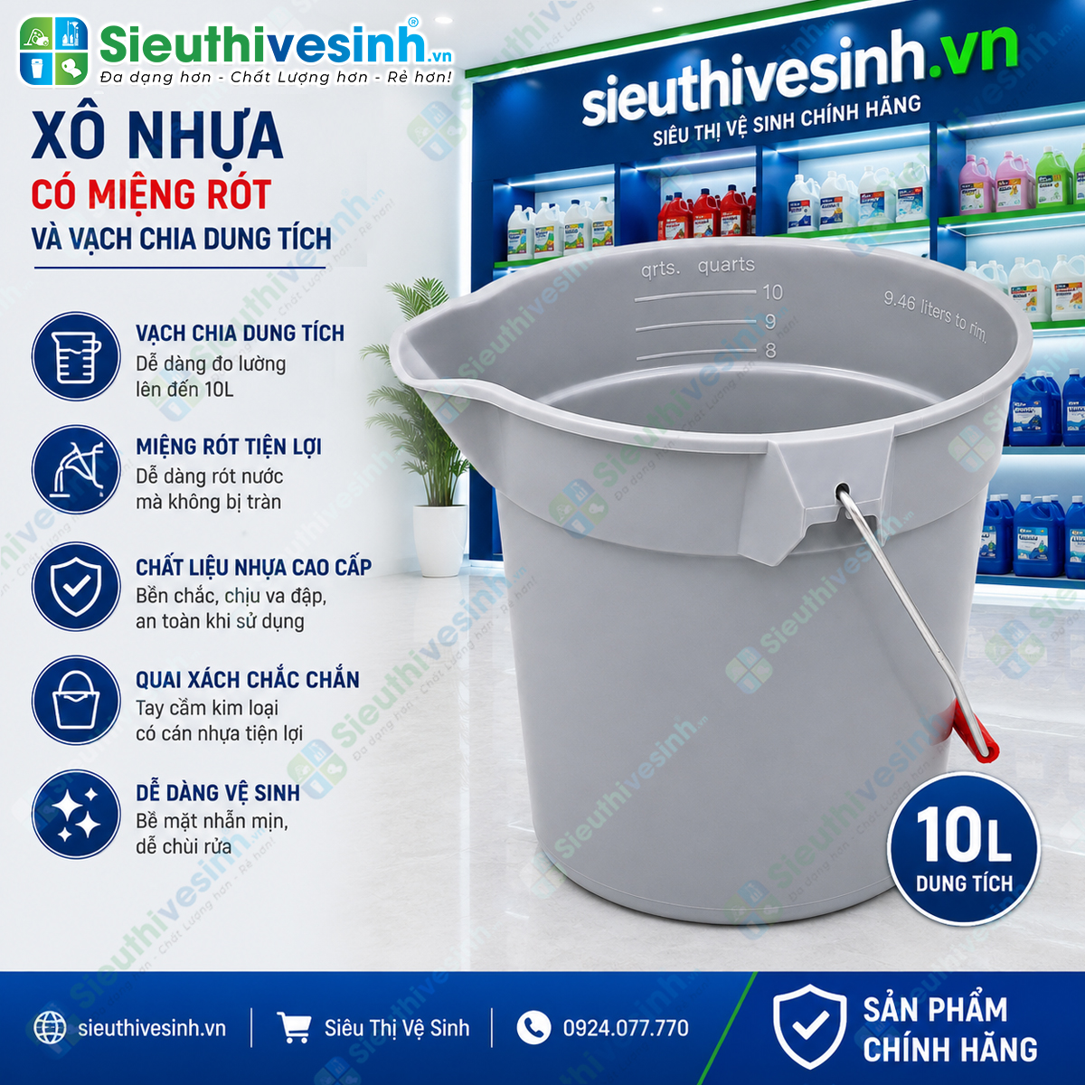 Xô nhựa 10L có miệng rót và vạch chia dung tích giúp pha hóa chất, đựng nước và vệ sinh hiệu quả. Sản phẩm giao ngẫu nhiên mẫu tay cầm màu đỏ hoặc màu đen tùy từng lô hàng.