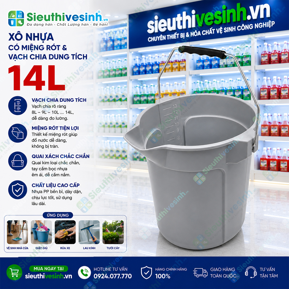 Xô nhựa 10L có miệng rót và vạch chia dung tích giúp pha hóa chất, đựng nước và vệ sinh hiệu quả. Sản phẩm giao ngẫu nhiên mẫu tay cầm màu đỏ hoặc màu đen tùy từng lô hàng.