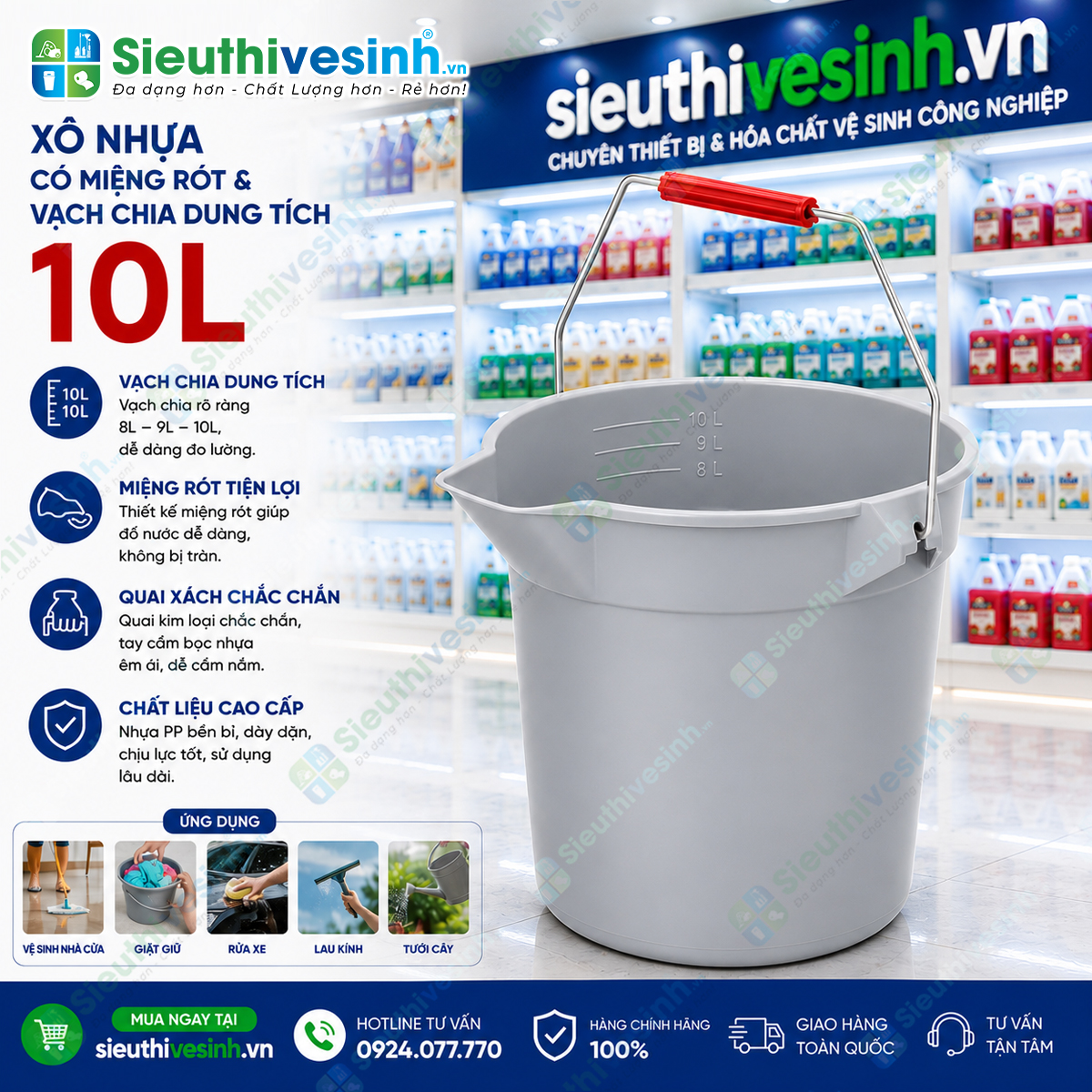 Xô nhựa 10L có miệng rót và vạch chia dung tích giúp pha hóa chất, đựng nước và vệ sinh hiệu quả. Sản phẩm giao ngẫu nhiên mẫu tay cầm màu đỏ hoặc màu đen tùy từng lô hàng.