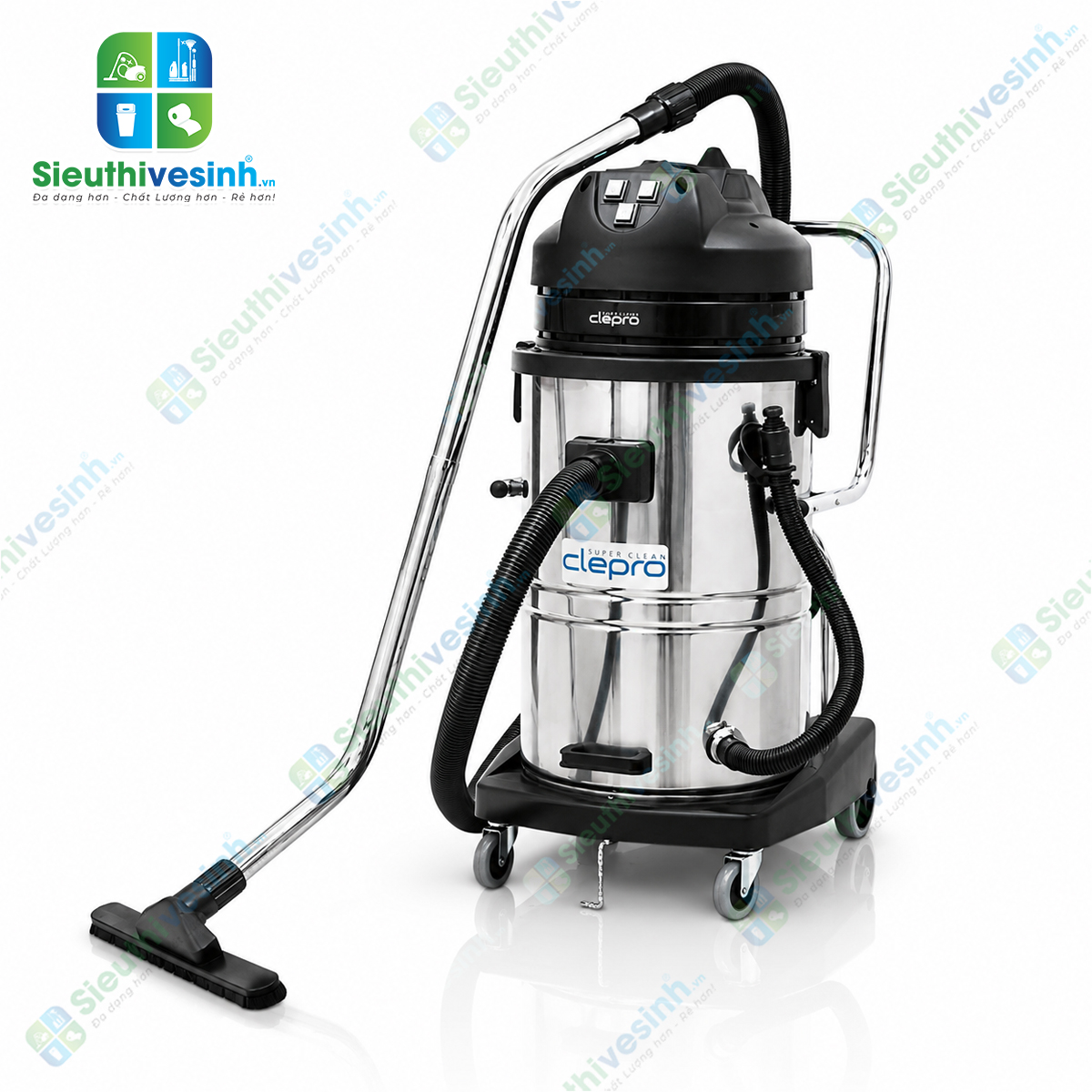 Máy hút bụi công nghiệp CLEPRO S3/80 (3 Motor) sở hữu lực hút mạnh, thùng chứa inox 80L và hệ thống lọc bụi hai tầng, phù hợp cho vệ sinh công nghiệp.