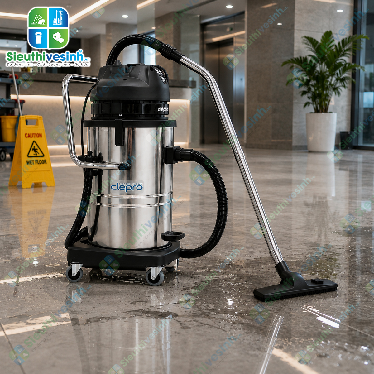 Máy hút bụi công nghiệp CLEPRO S3/80 (3 Motor) sở hữu lực hút mạnh, thùng chứa inox 80L và hệ thống lọc bụi hai tầng, phù hợp cho vệ sinh công nghiệp.