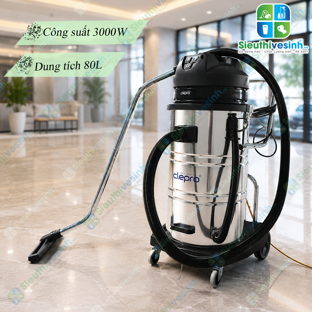 Máy hút bụi công nghiệp CLEPRO S3/80 (3 Motor) sở hữu lực hút mạnh, thùng chứa inox 80L và hệ thống lọc bụi hai tầng, phù hợp cho vệ sinh công nghiệp.