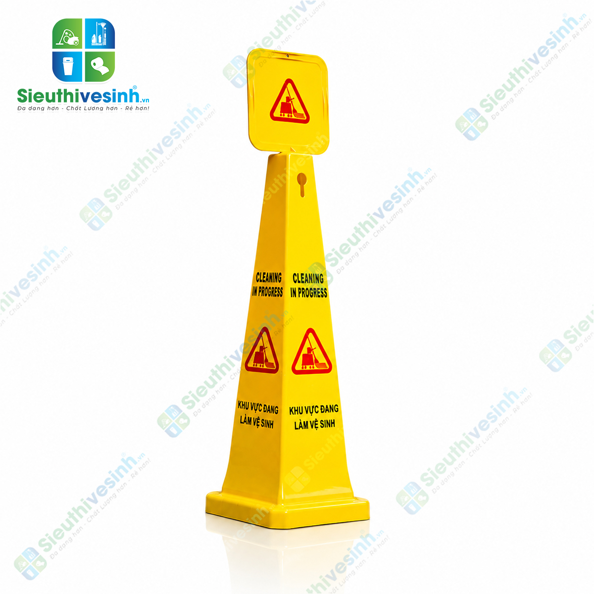 Biển báo khu vực đang làm vệ sinh hình trụ giúp cảnh báo từ mọi hướng, nâng cao an toàn trong quá trình vệ sinh và lau sàn.