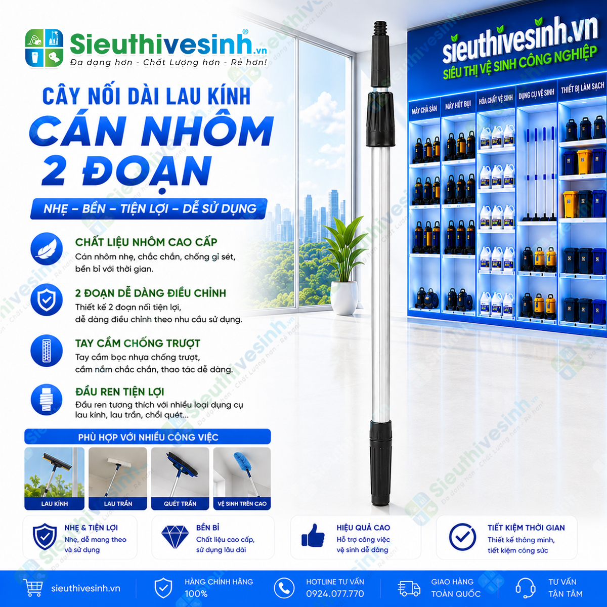 Cây nối dài lau kính cán nhôm 1.2m, thiết kế 2 đoạn, rút gọn 80cm và kéo dài 120cm, thuận tiện sử dụng và bảo quản.