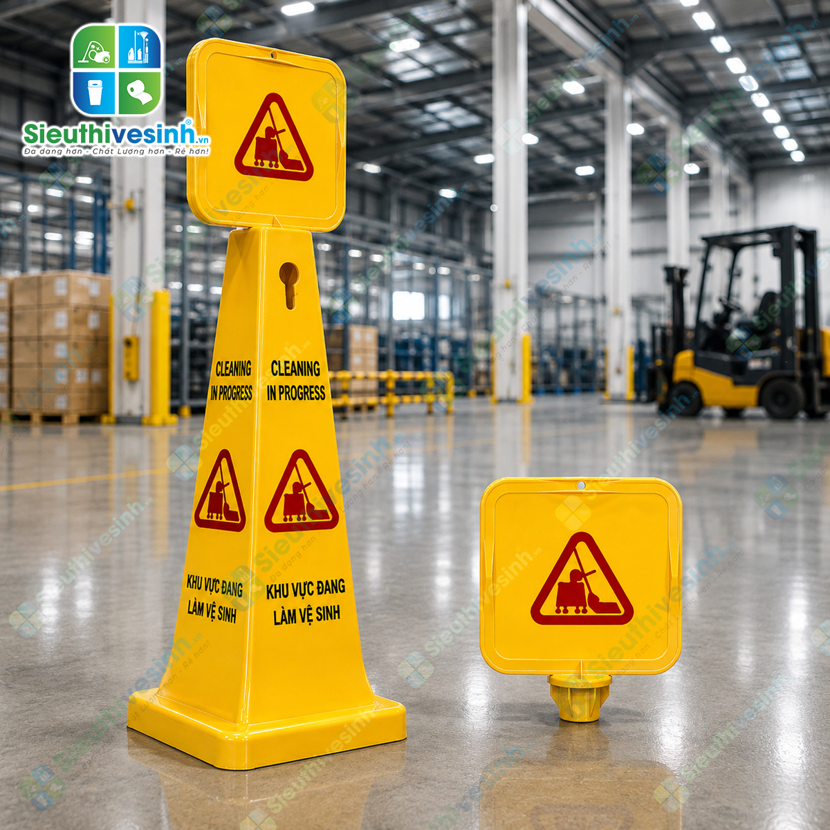 Biển báo khu vực đang làm vệ sinh hình trụ giúp cảnh báo từ mọi hướng, nâng cao an toàn trong quá trình vệ sinh và lau sàn.