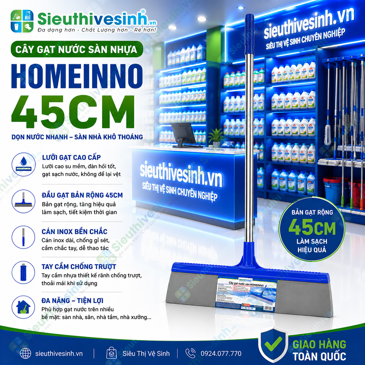 Cây gạt nước sàn Homeinno giúp gạt nhanh nước bẩn và nước đọng, hỗ trợ làm khô sàn hiệu quả