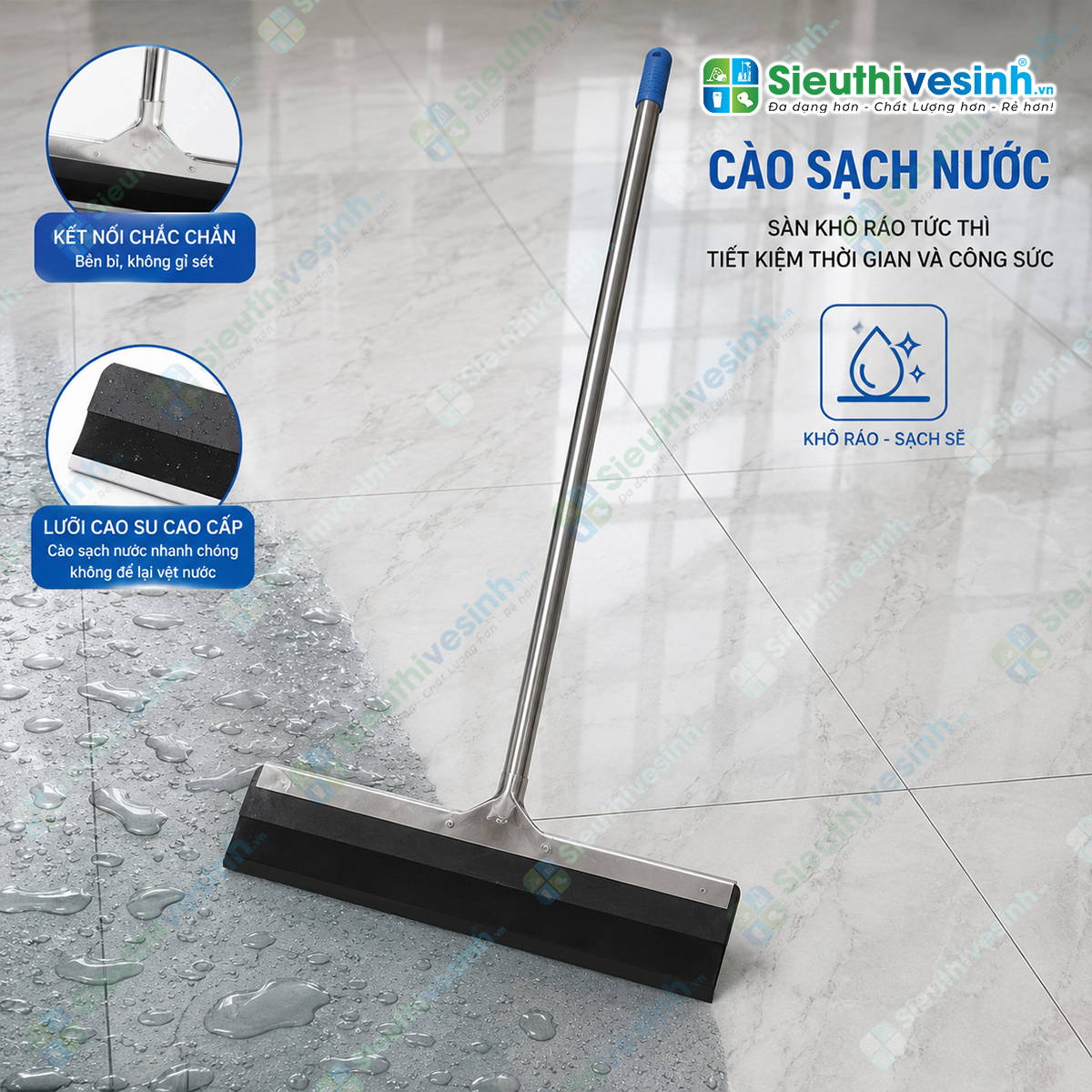 Cây cào nước sàn nhà đầu inox 45cm với lưỡi cao su mềm, giúp gạt và gom nước nhanh chóng, tiện lợi cho nhiều môi trường vệ sinh