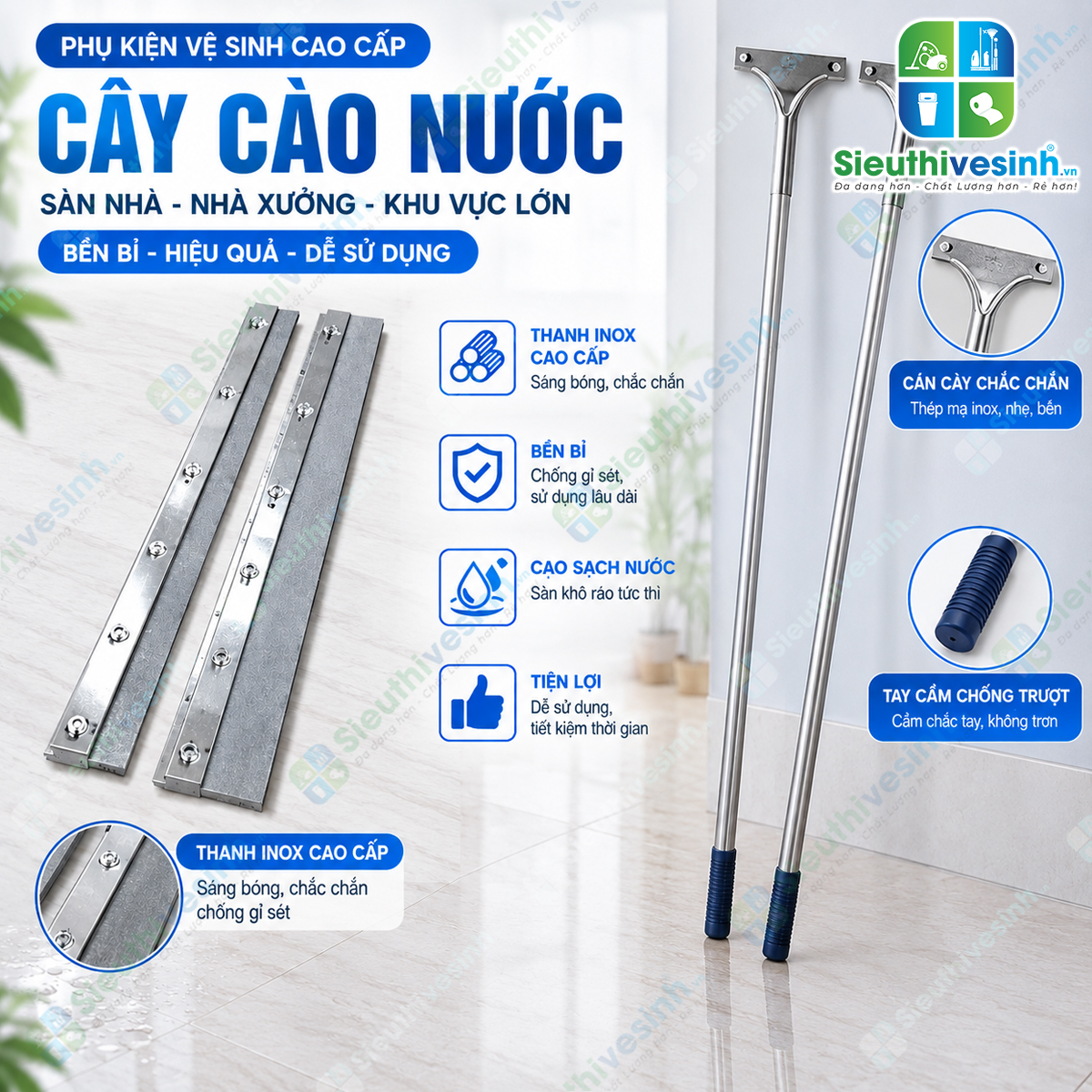 Cây gạt nước sàn nhà cán nhôm bản 75cm với lưỡi cao su bản rộng, giúp tăng diện tích tiếp xúc và gạt nước nhanh chóng trên sàn.