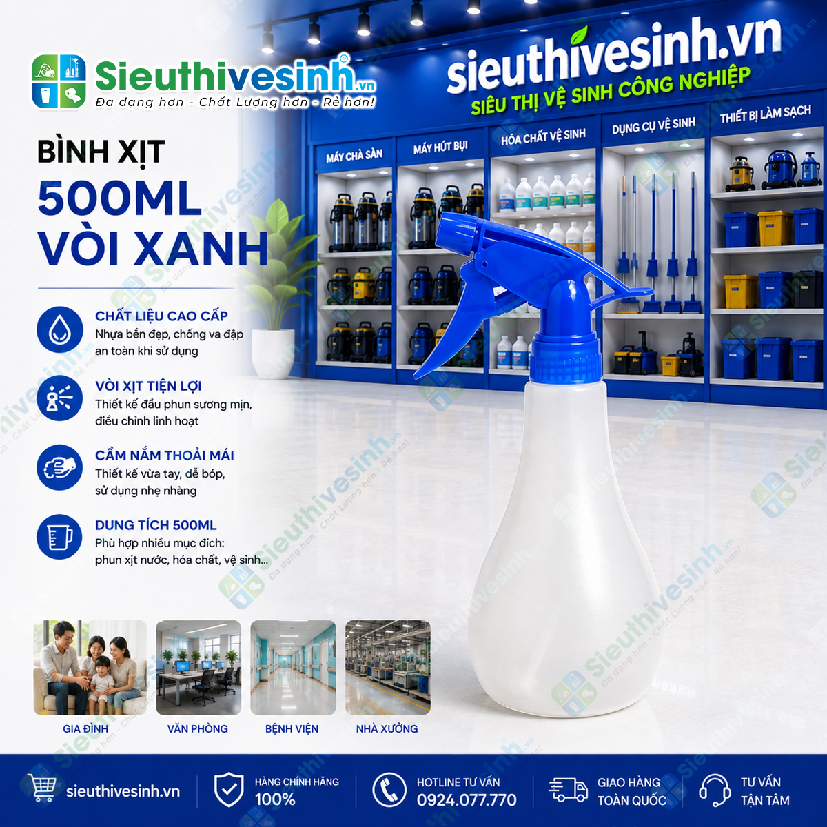Bình xịt nước vòi xanh dung tích 500ml với đầu phun điều chỉnh tia và sương, phù hợp xịt nước, hóa chất vệ sinh và dung dịch khử khuẩn.