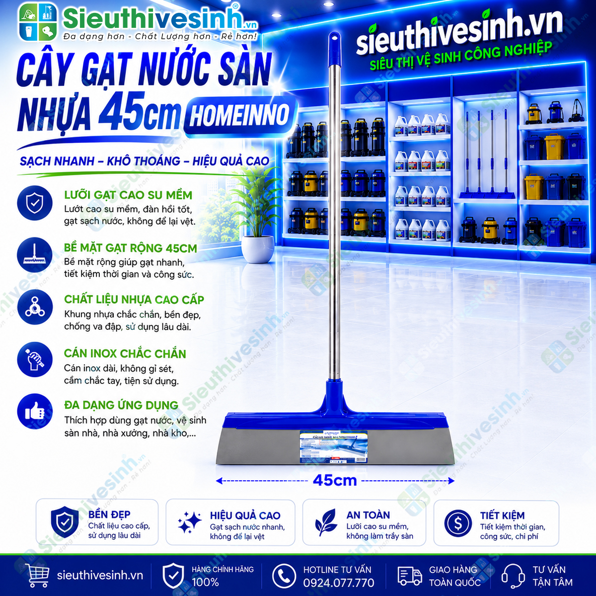 Cây gạt nước sàn Homeinno giúp gạt nhanh nước bẩn và nước đọng, hỗ trợ làm khô sàn hiệu quả