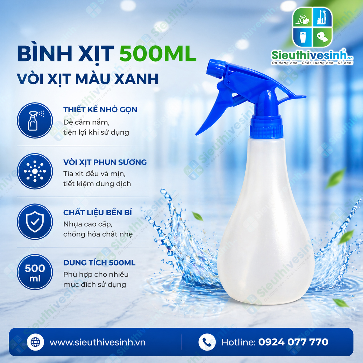 Bình xịt nước vòi xanh dung tích 500ml với đầu phun điều chỉnh tia và sương, phù hợp xịt nước, hóa chất vệ sinh và dung dịch khử khuẩn.