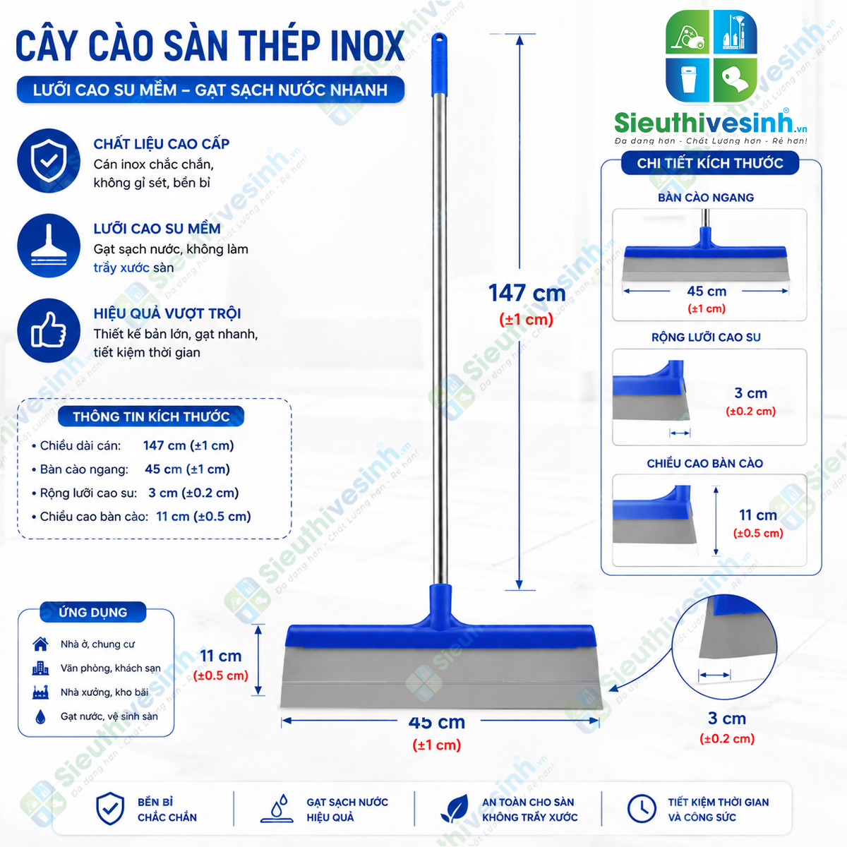 Cây gạt nước sàn Homeinno giúp gạt nhanh nước bẩn và nước đọng, hỗ trợ làm khô sàn hiệu quả