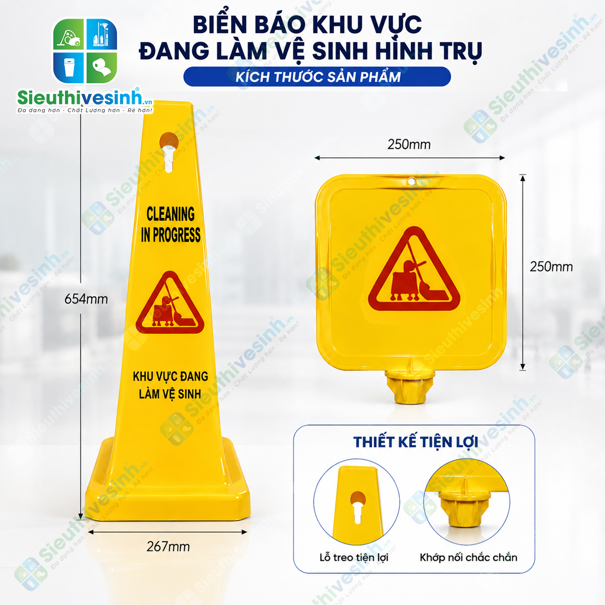 Biển báo khu vực đang làm vệ sinh hình trụ giúp cảnh báo từ mọi hướng, nâng cao an toàn trong quá trình vệ sinh và lau sàn.