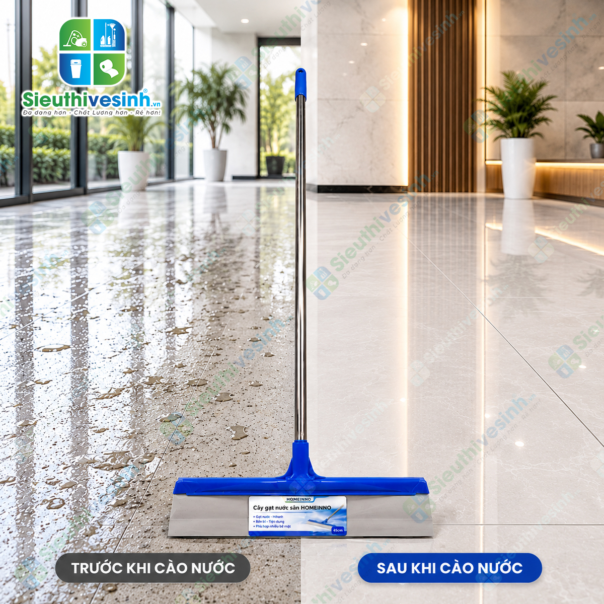 Cây gạt nước sàn Homeinno giúp gạt nhanh nước bẩn và nước đọng, hỗ trợ làm khô sàn hiệu quả
