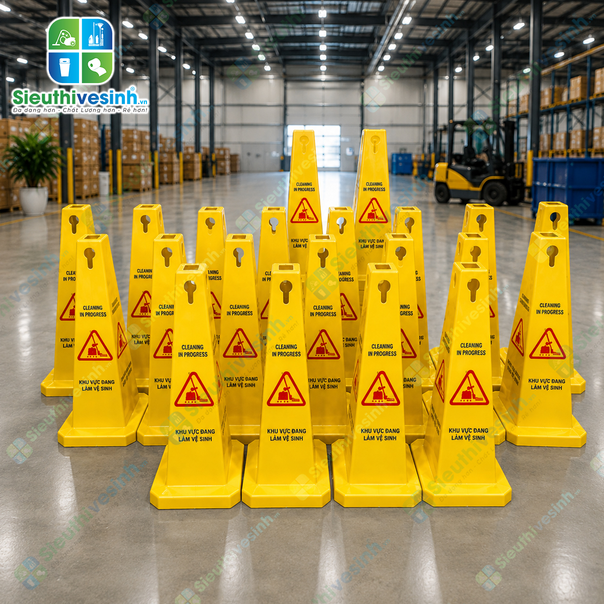 Biển báo khu vực đang làm vệ sinh hình trụ giúp cảnh báo từ mọi hướng, nâng cao an toàn trong quá trình vệ sinh và lau sàn.