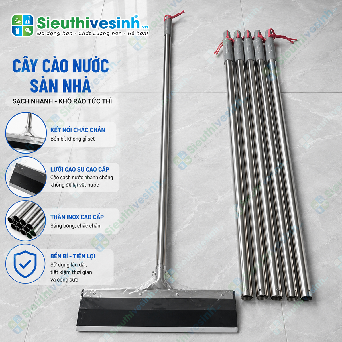 Cây cào nước sàn nhà đầu inox 45cm với lưỡi cao su mềm, giúp gạt và gom nước nhanh chóng, tiện lợi cho nhiều môi trường vệ sinh