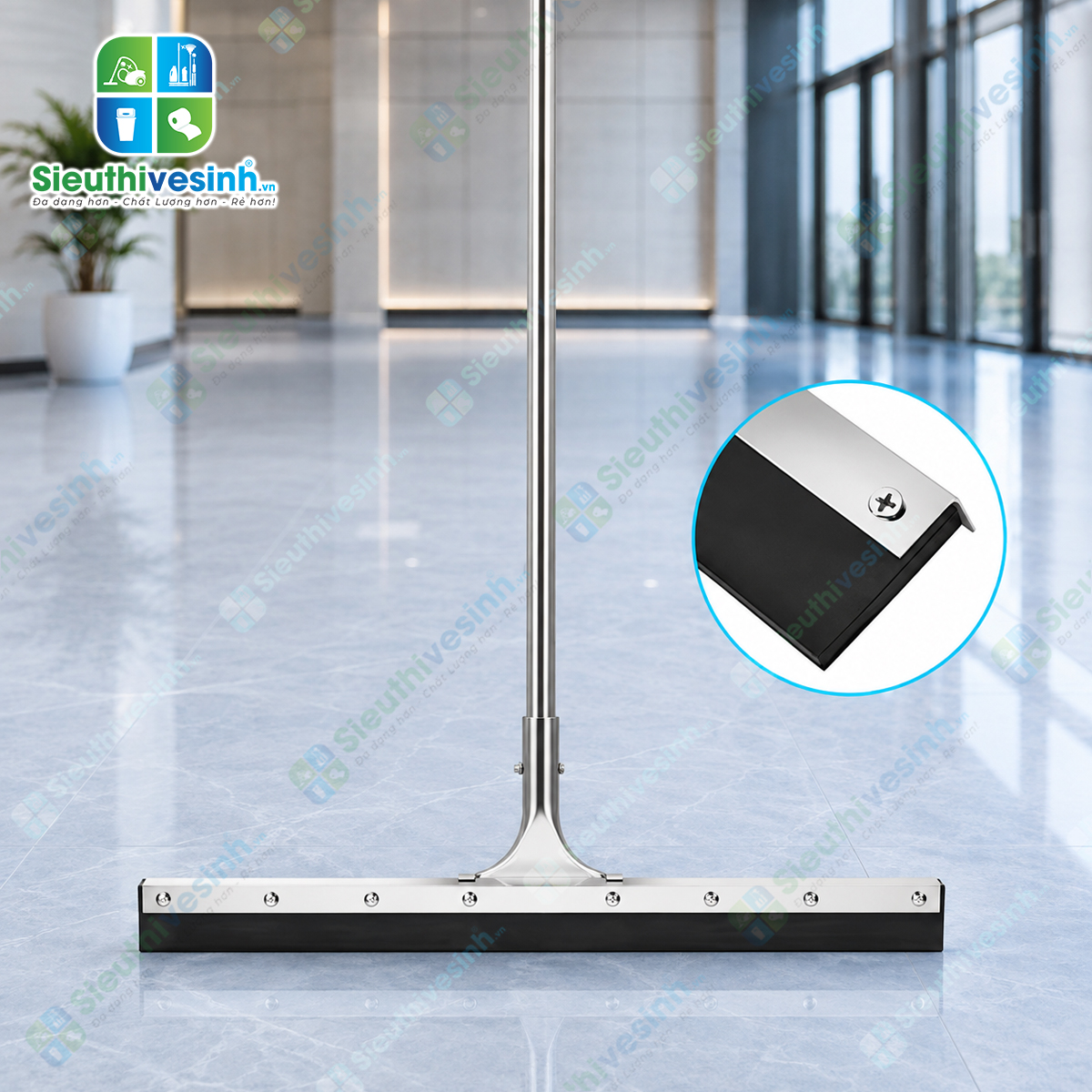 Cây gạt nước sàn nhà cán nhôm bản 75cm với lưỡi cao su bản rộng, giúp tăng diện tích tiếp xúc và gạt nước nhanh chóng trên sàn.