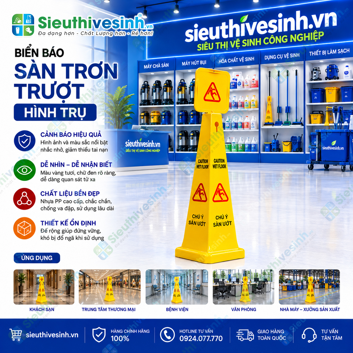 Biển báo sàn trơn trượt hình trụ giúp cảnh báo khu vực sàn ướt từ mọi hướng, nâng cao an toàn trong quá trình vệ sinh.