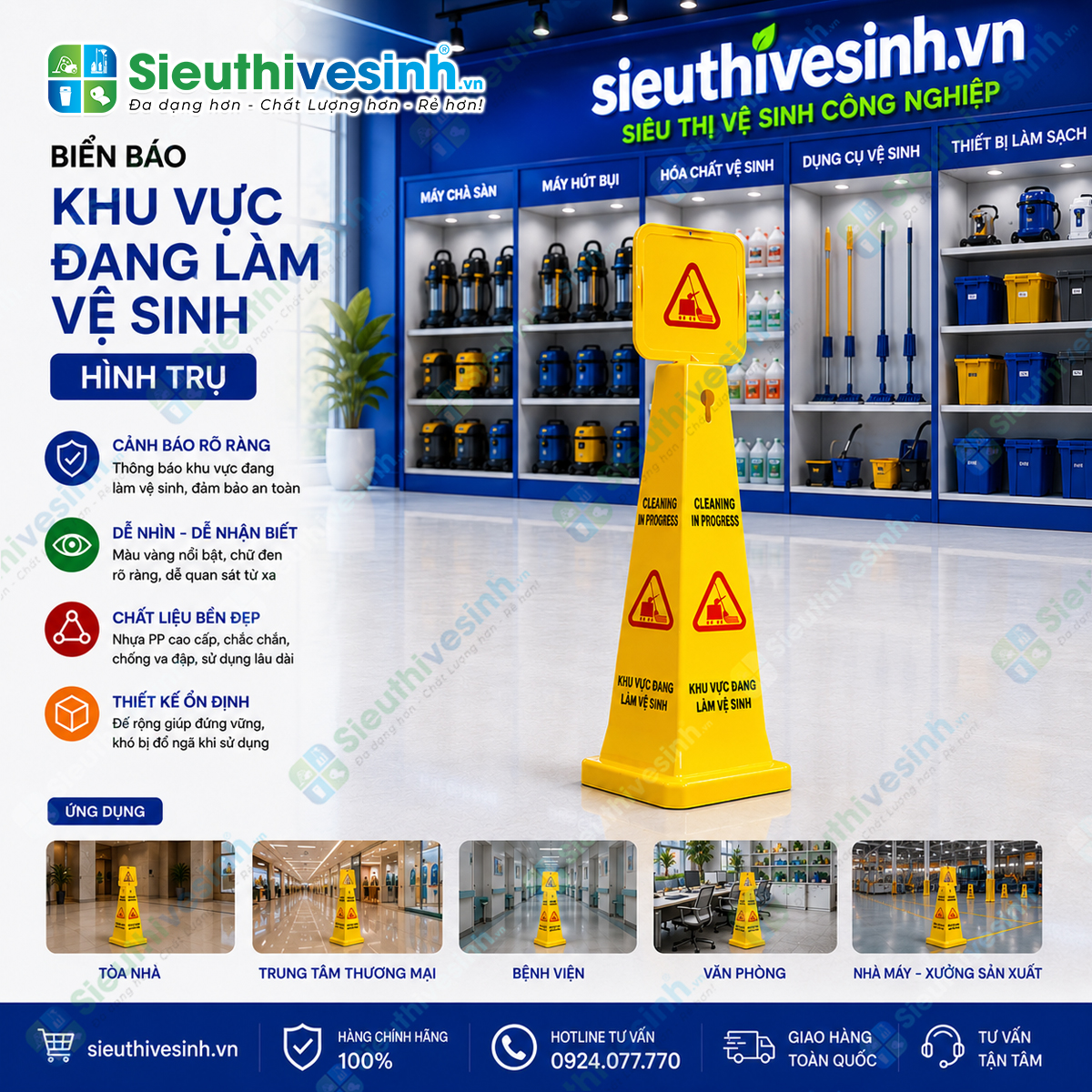 Biển báo khu vực đang làm vệ sinh hình trụ giúp cảnh báo từ mọi hướng, nâng cao an toàn trong quá trình vệ sinh và lau sàn.