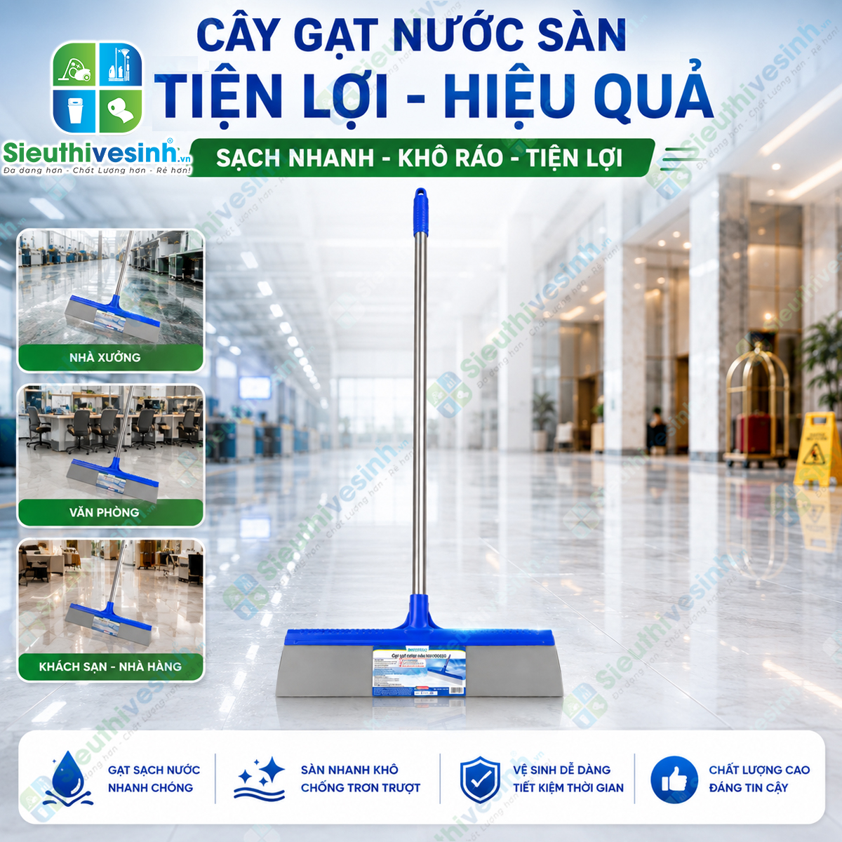 Cây gạt nước sàn Homeinno giúp gạt nhanh nước bẩn và nước đọng, hỗ trợ làm khô sàn hiệu quả