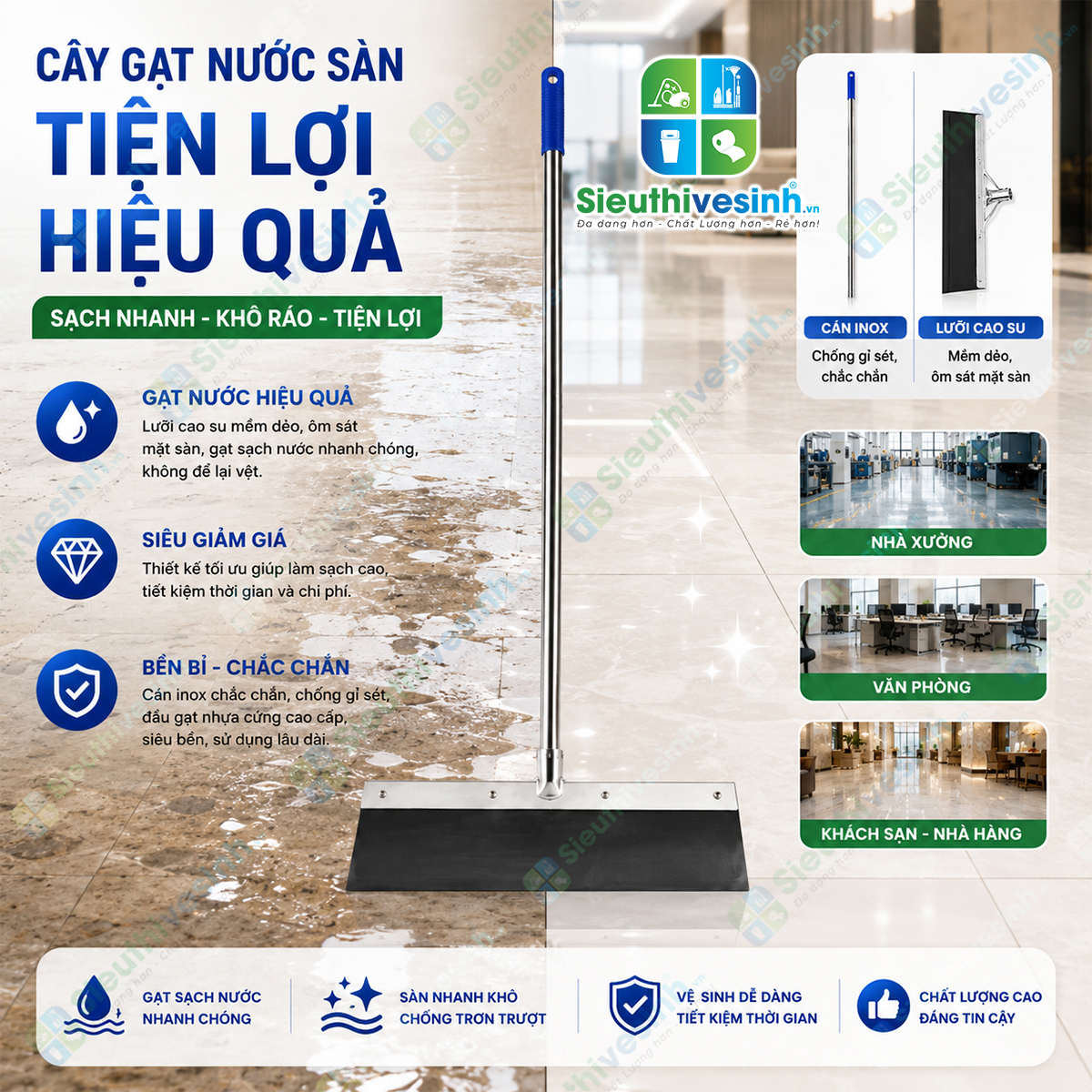 Cây cào nước sàn nhà đầu inox 45cm với lưỡi cao su mềm, giúp gạt và gom nước nhanh chóng, tiện lợi cho nhiều môi trường vệ sinh