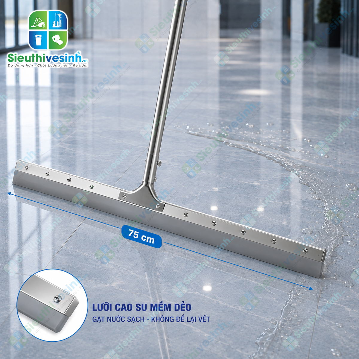 Cây gạt nước sàn nhà cán nhôm bản 75cm với lưỡi cao su bản rộng, giúp tăng diện tích tiếp xúc và gạt nước nhanh chóng trên sàn.