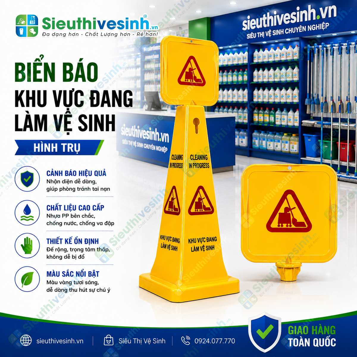 Biển báo khu vực đang làm vệ sinh hình trụ giúp cảnh báo từ mọi hướng, nâng cao an toàn trong quá trình vệ sinh và lau sàn.