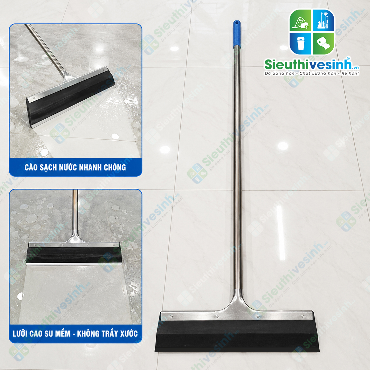 Cây cào nước sàn nhà đầu inox 45cm với lưỡi cao su mềm, giúp gạt và gom nước nhanh chóng, tiện lợi cho nhiều môi trường vệ sinh