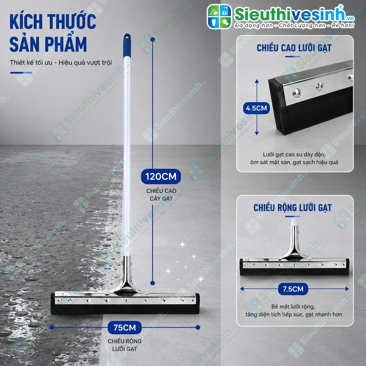 Cây gạt nước sàn nhà cán nhôm bản 75cm với lưỡi cao su bản rộng, giúp tăng diện tích tiếp xúc và gạt nước nhanh chóng trên sàn.