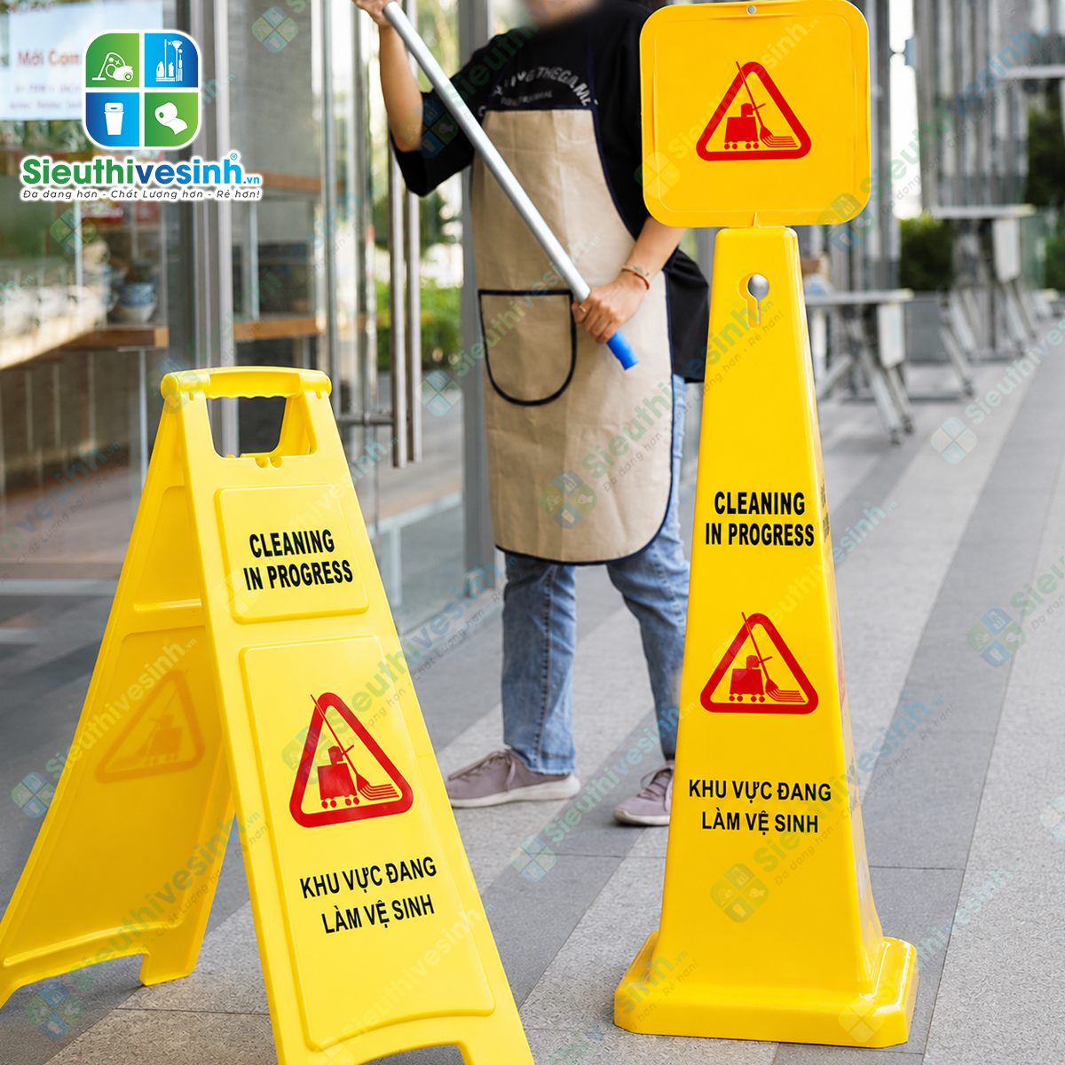 Biển báo khu vực đang làm vệ sinh hình trụ giúp cảnh báo từ mọi hướng, nâng cao an toàn trong quá trình vệ sinh và lau sàn.