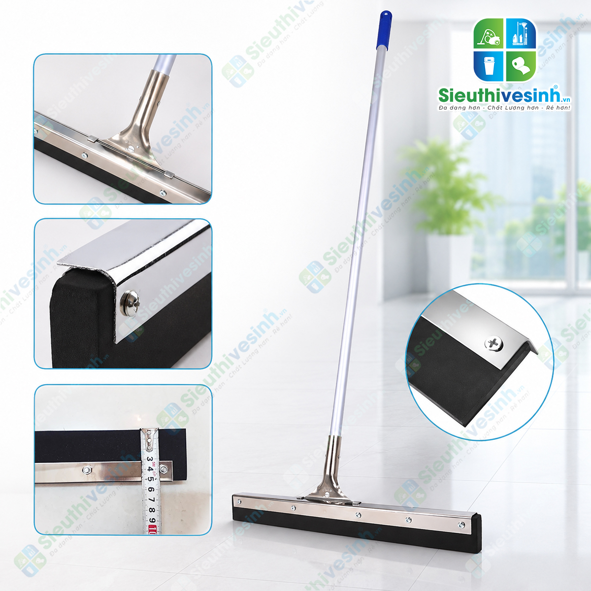 Cây gạt nước sàn nhà cán nhôm bản 75cm với lưỡi cao su bản rộng, giúp tăng diện tích tiếp xúc và gạt nước nhanh chóng trên sàn.
