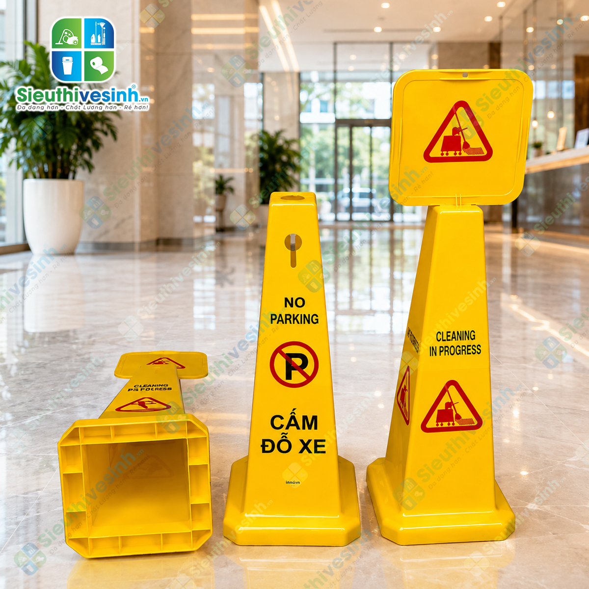 Biển báo khu vực đang làm vệ sinh hình trụ giúp cảnh báo từ mọi hướng, nâng cao an toàn trong quá trình vệ sinh và lau sàn.