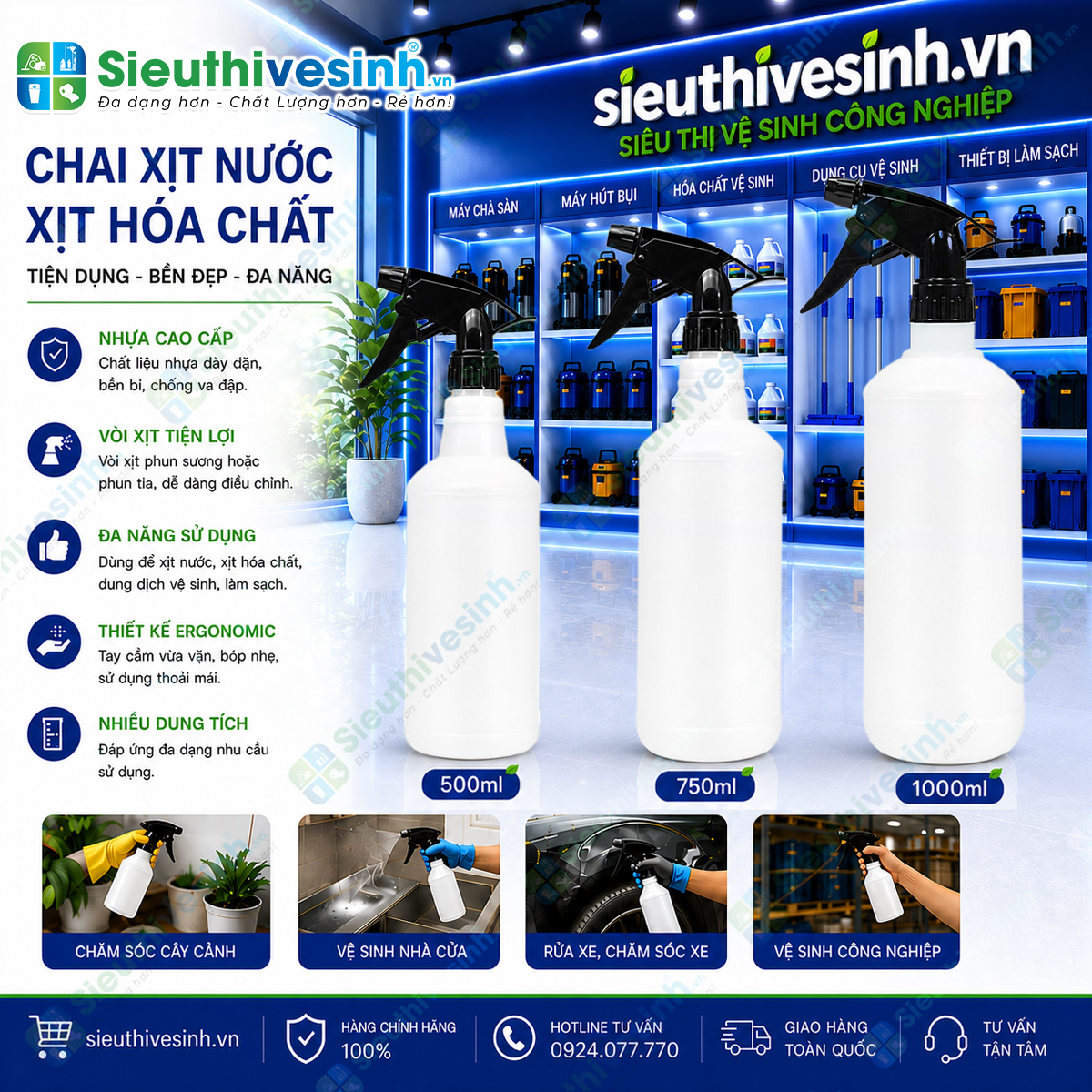 Chai xịt nước và hóa chất bằng nhựa với 3 dung tích 500ml, 750ml và 1000ml, tiện lợi cho công việc vệ sinh và phun dung dịch.
