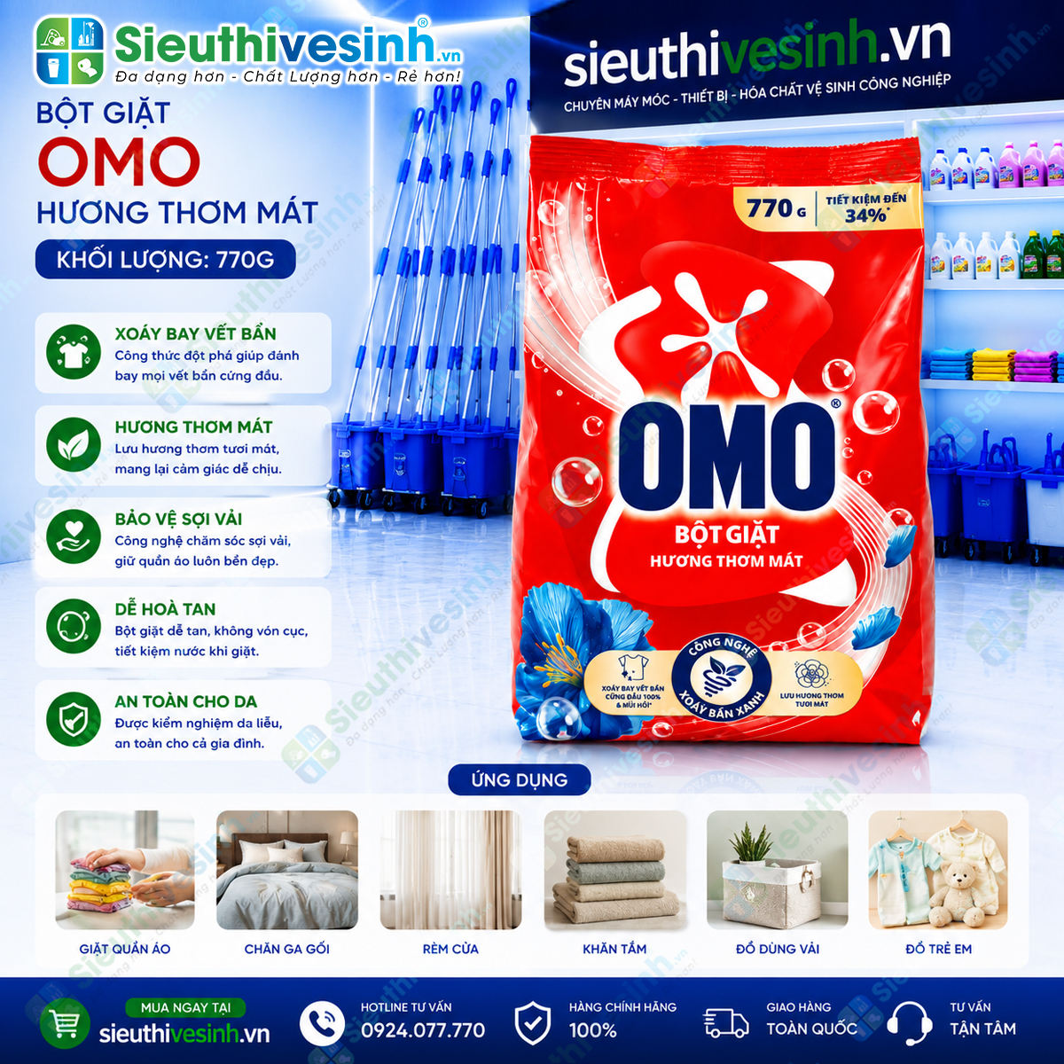 Bột Giặt OMO 770g – sản phẩm giặt tẩy dùng cho nhu cầu làm sạch quần áo hằng ngày
