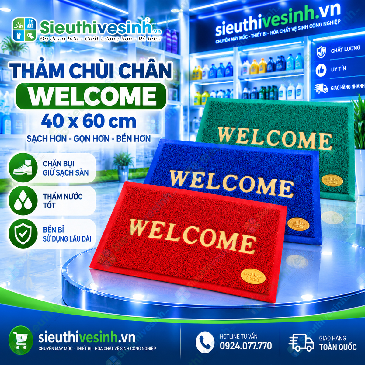 Thảm Welcome kích thước 40x60cm, phù hợp làm thảm chùi chân cửa ra vào, văn phòng, cửa hàng và gia đình.