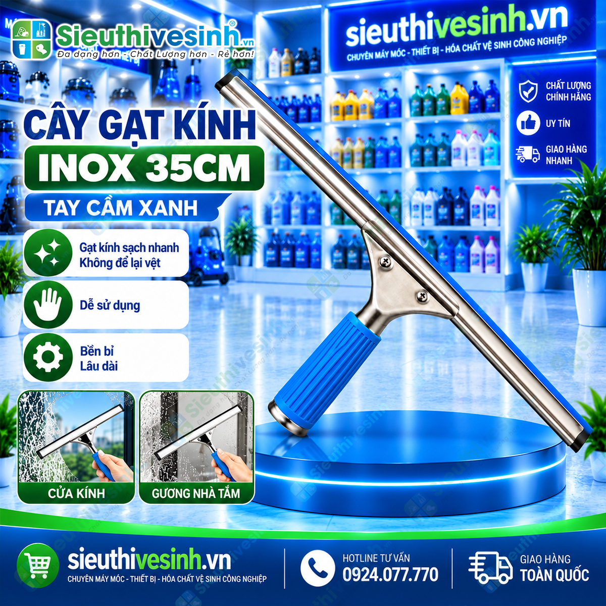 Cây gạt kính inox 35cm tay cầm xanh, dụng cụ gạt nước cửa kính, vách kính và kính nhà tắm.