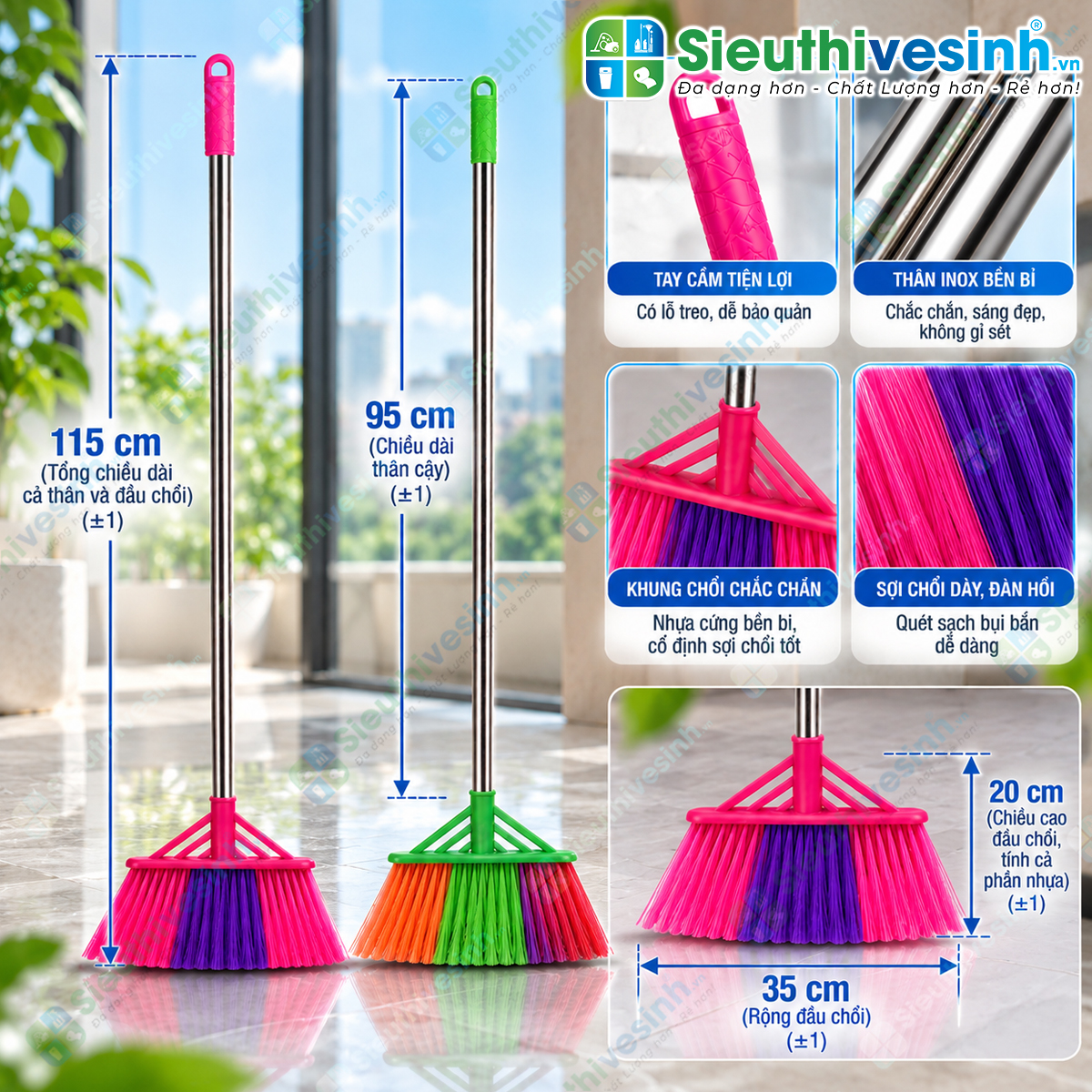 Chổi nhựa quét nước cán inox, dụng cụ quét và gom nước trên sàn nhà, nhà tắm và sân.