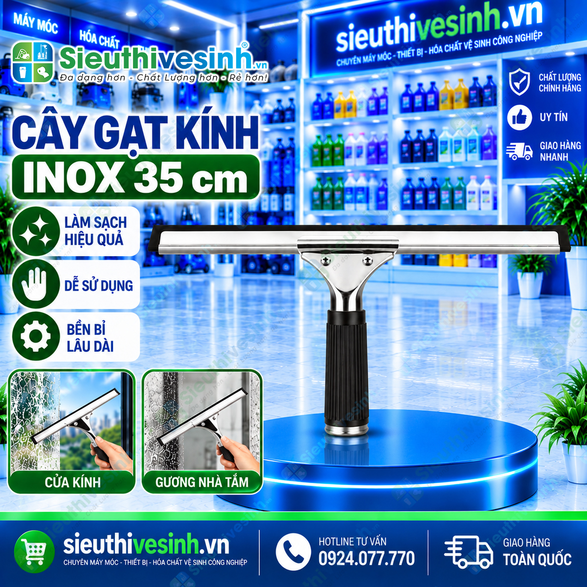 Cây gạt kính inox 35cm, dụng cụ gạt nước cửa kính, vách kính và kính nhà tắm.