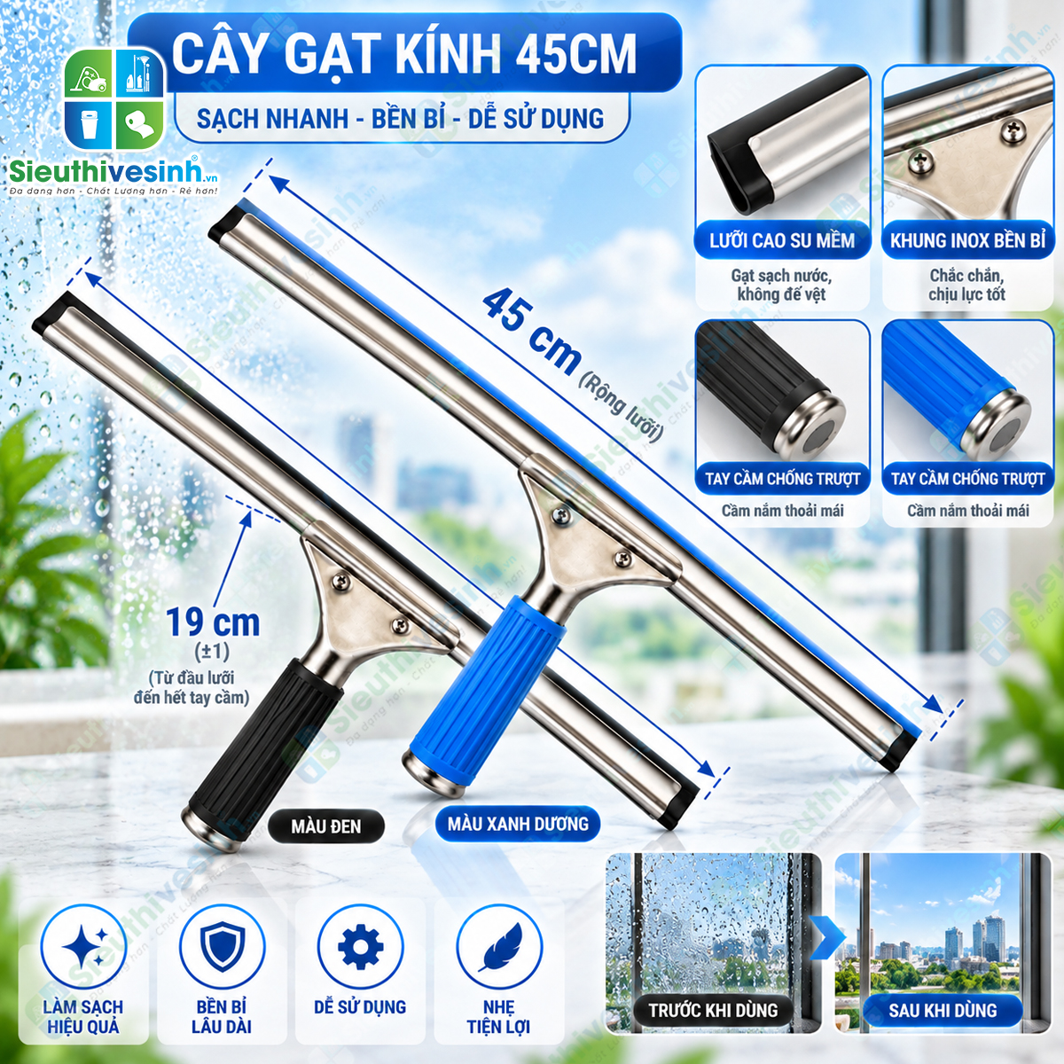 Cây gạt kính inox 45cm tay cầm, dụng cụ gạt nước cửa kính, vách kính và kính nhà tắm.