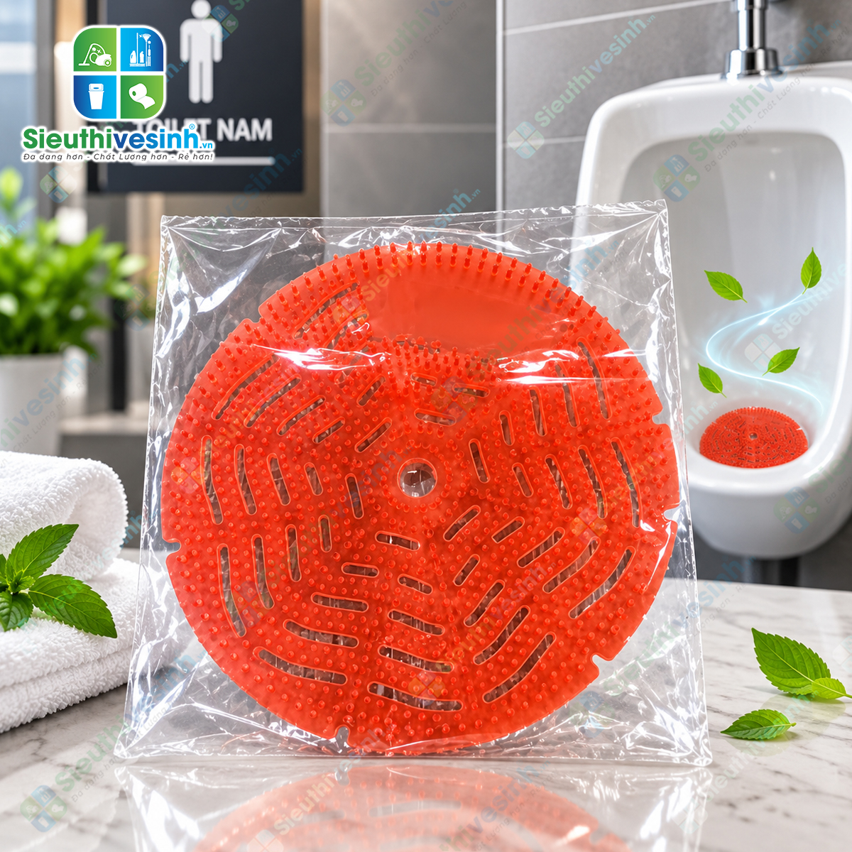 Miếng lót khử mùi bồn tiểu nam – thiết kế dạng lưới, đặt trực tiếp trong bồn tiểu, hỗ trợ kiểm soát mùi và hạn chế cặn bẩn.