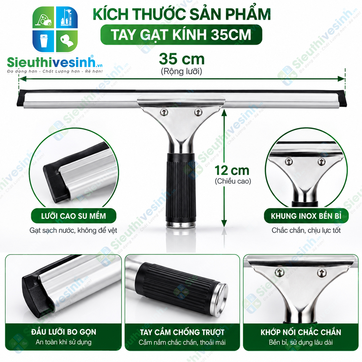 Cây gạt kính inox 35cm, dụng cụ gạt nước cửa kính, vách kính và kính nhà tắm.