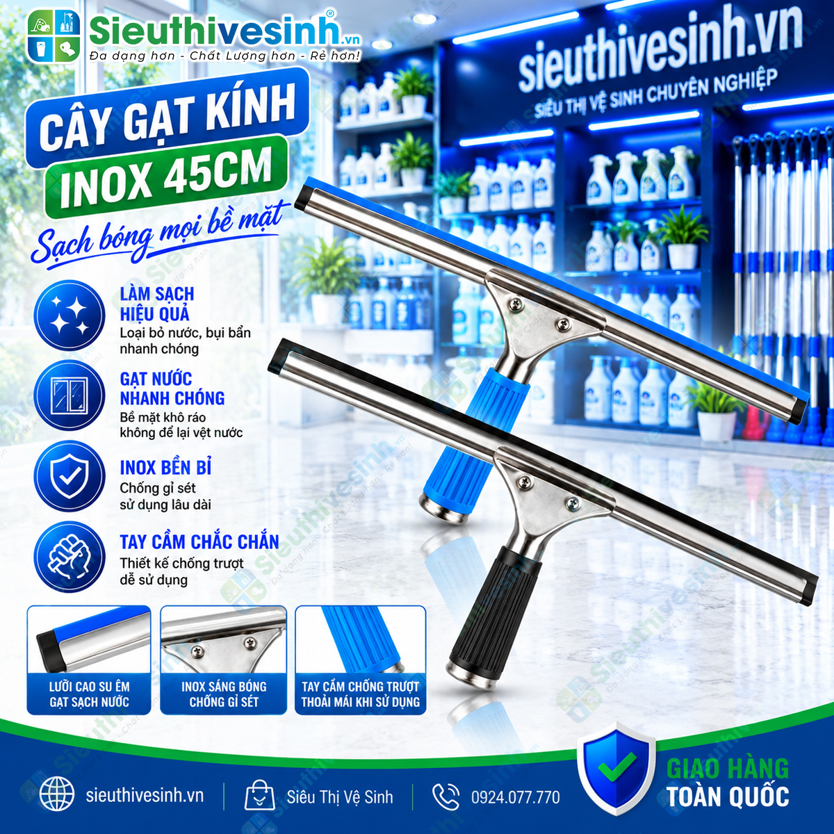 Cây gạt kính inox 45cm tay cầm, dụng cụ gạt nước cửa kính, vách kính và kính nhà tắm.