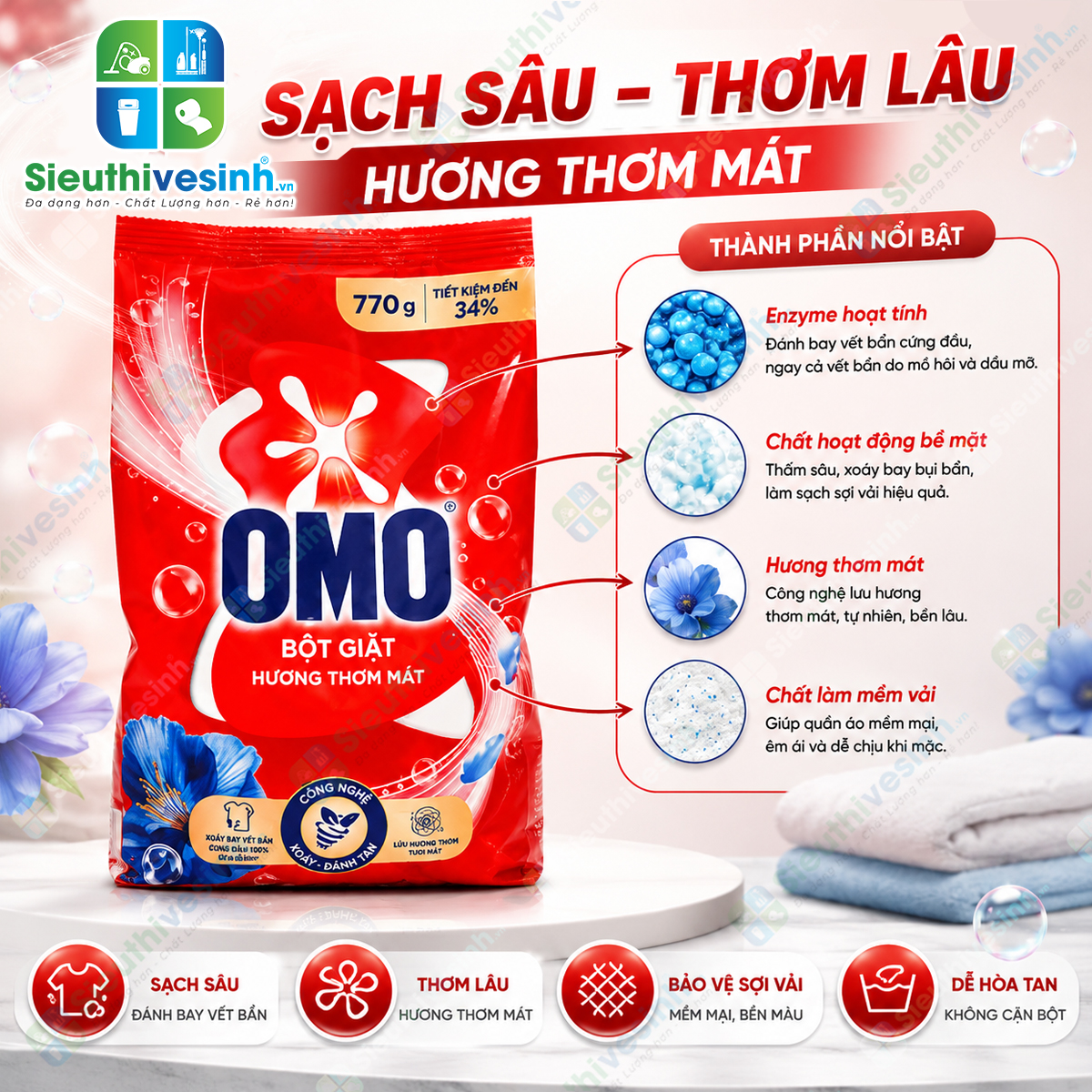 Bột Giặt OMO 770g – sản phẩm giặt tẩy dùng cho nhu cầu làm sạch quần áo hằng ngày
