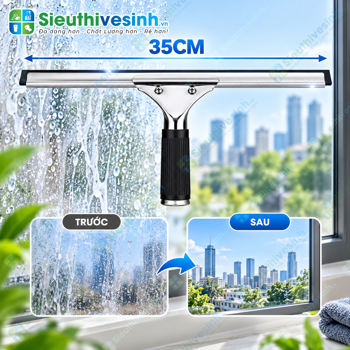 Cây gạt kính inox 35cm, dụng cụ gạt nước cửa kính, vách kính và kính nhà tắm.