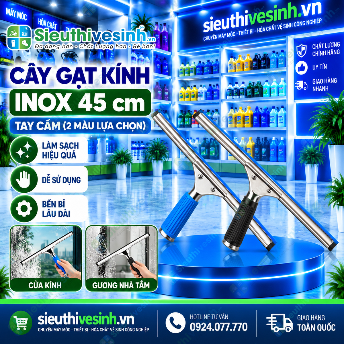 Cây gạt kính inox 45cm tay cầm, dụng cụ gạt nước cửa kính, vách kính và kính nhà tắm.