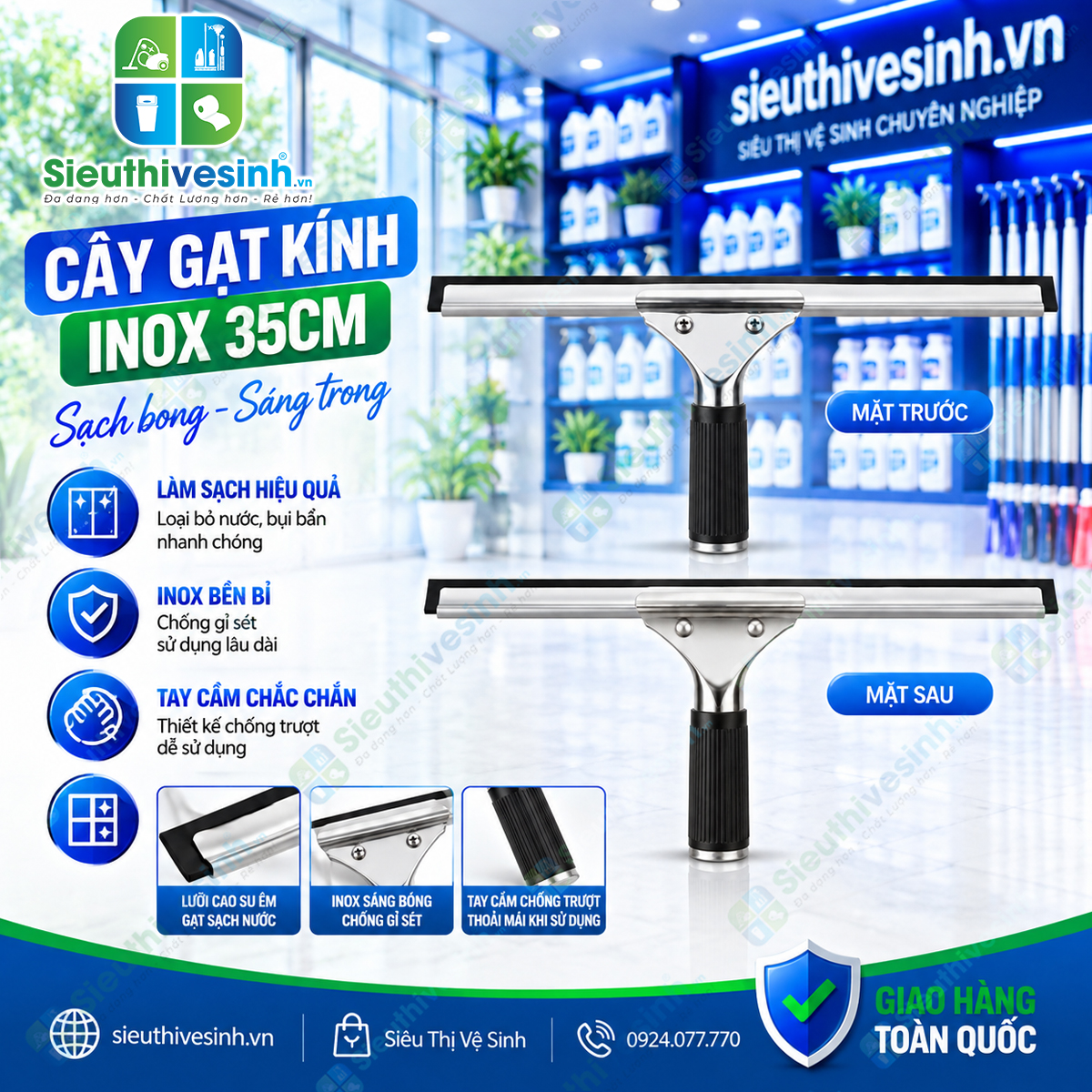 Cây gạt kính inox 35cm, dụng cụ gạt nước cửa kính, vách kính và kính nhà tắm.